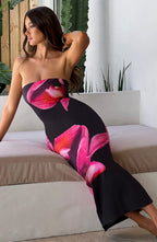 Allegra Midi Dress - Black Floral Print - Napalia