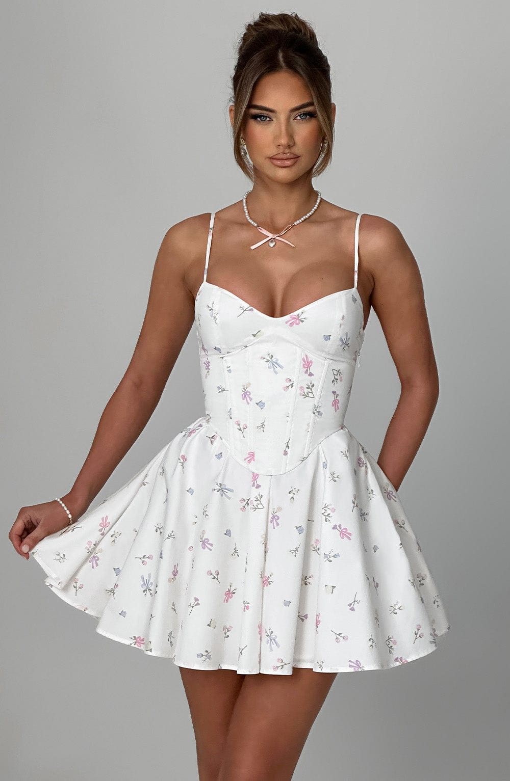 Analeigh Mini Dress - White Multi Floral Print - Napalia