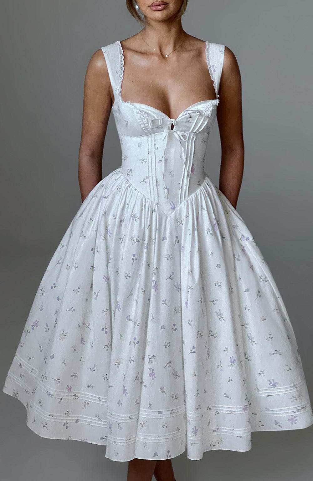 Marlena Midi Dress - White Multi Floral Print - Napalia