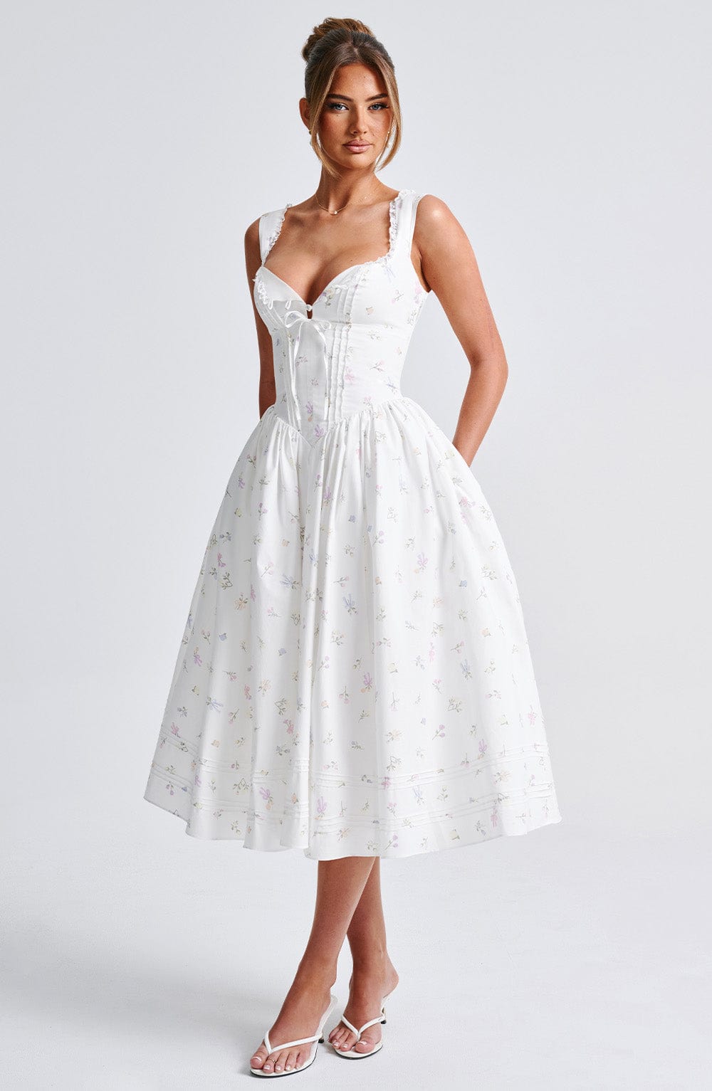 Marlena Midi Dress - White Multi Floral Print - Napalia