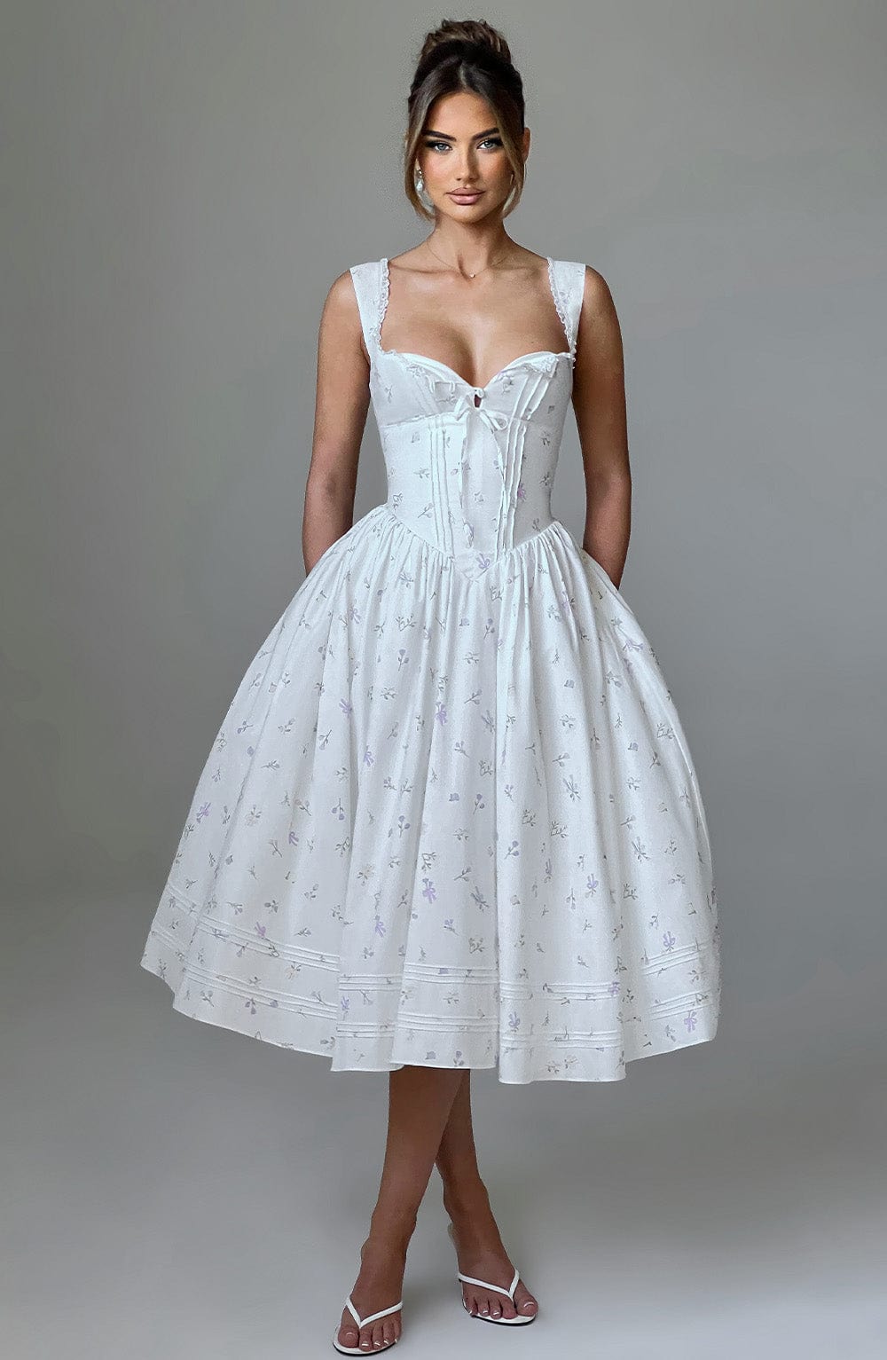 Marlena Midi Dress - White Multi Floral Print - Napalia