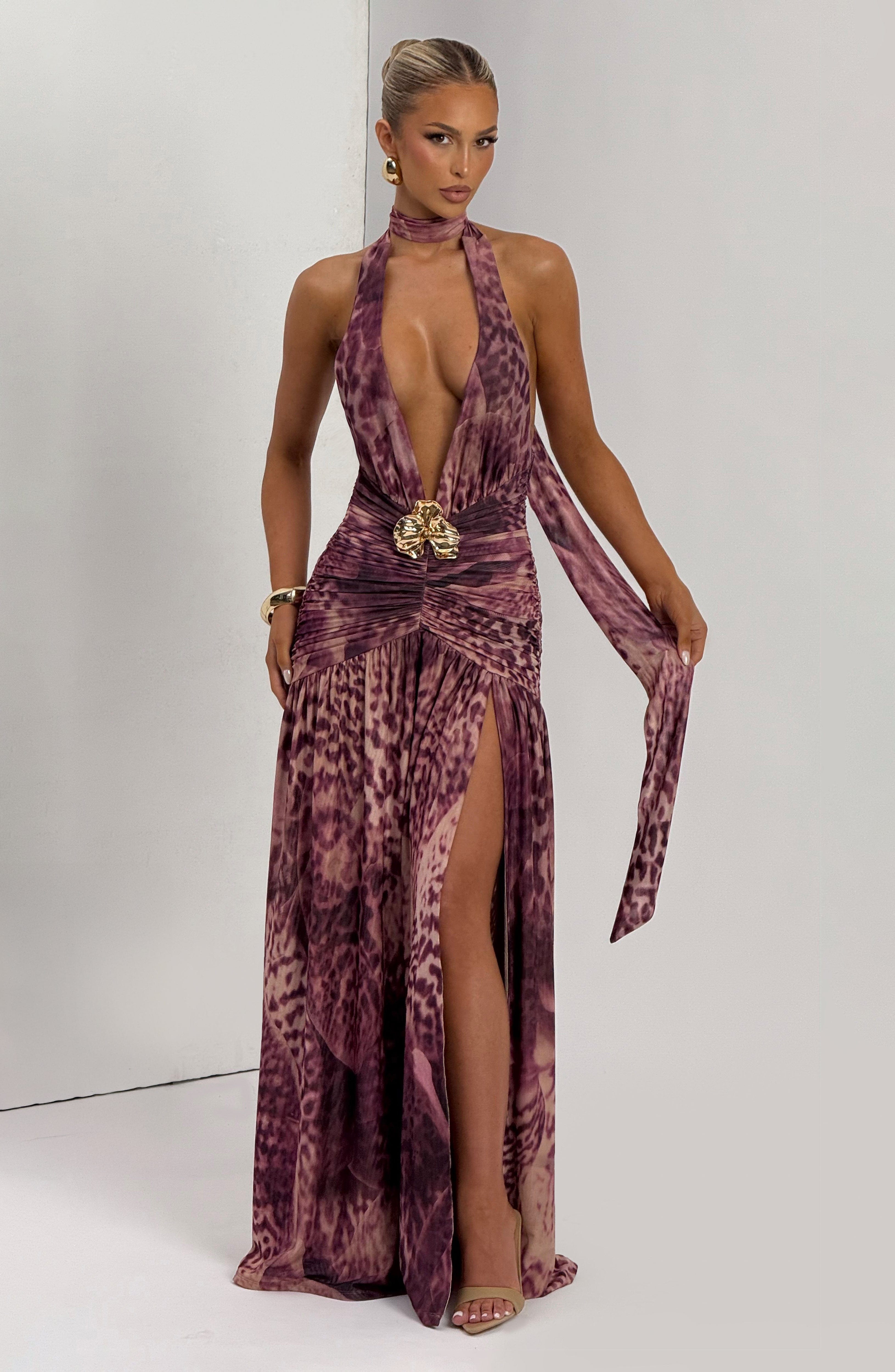 Melania Maxi Dress - Magenta Orchid Print - Napalia