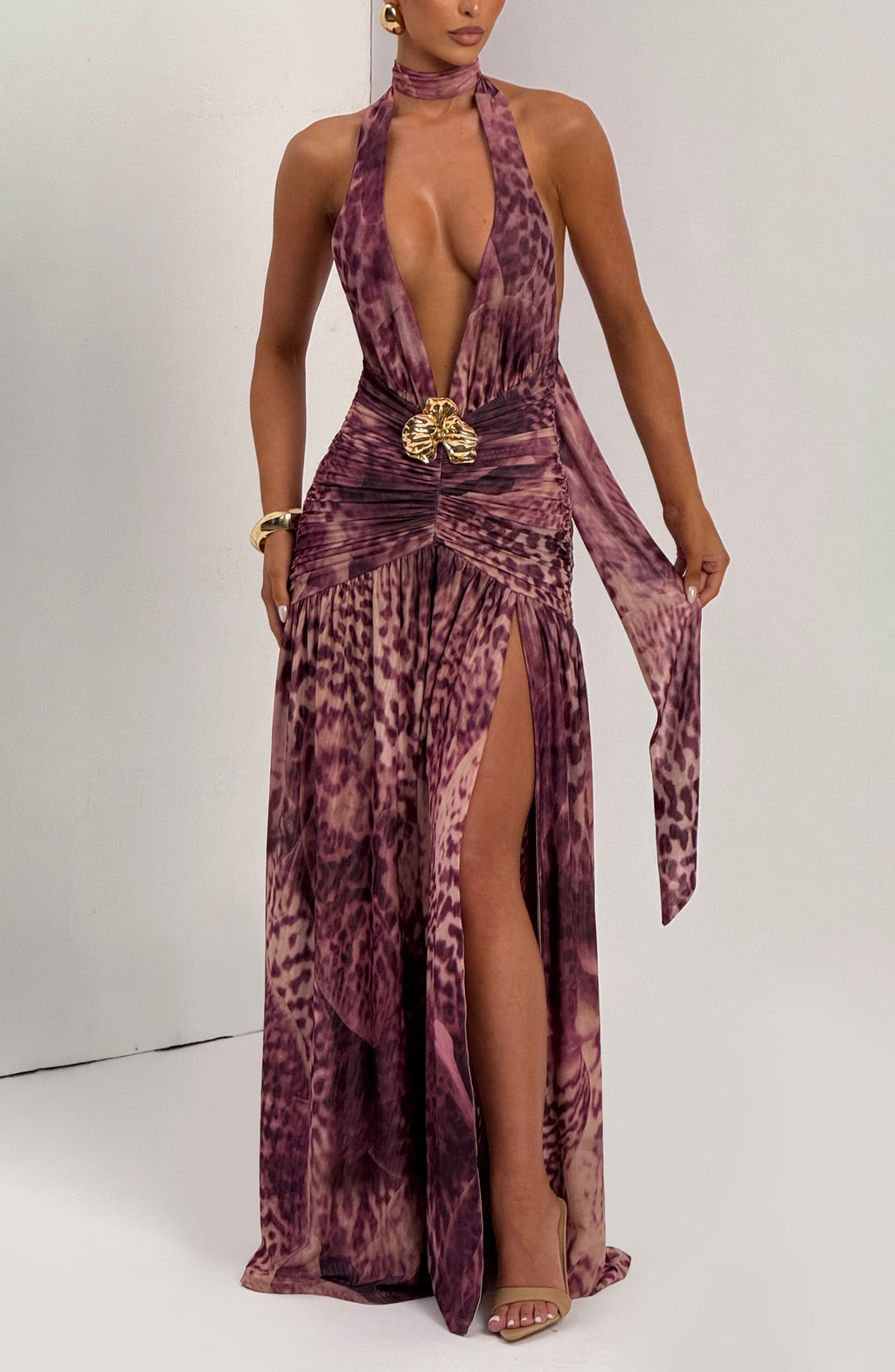 Melania Maxi Dress - Magenta Orchid Print - Napalia